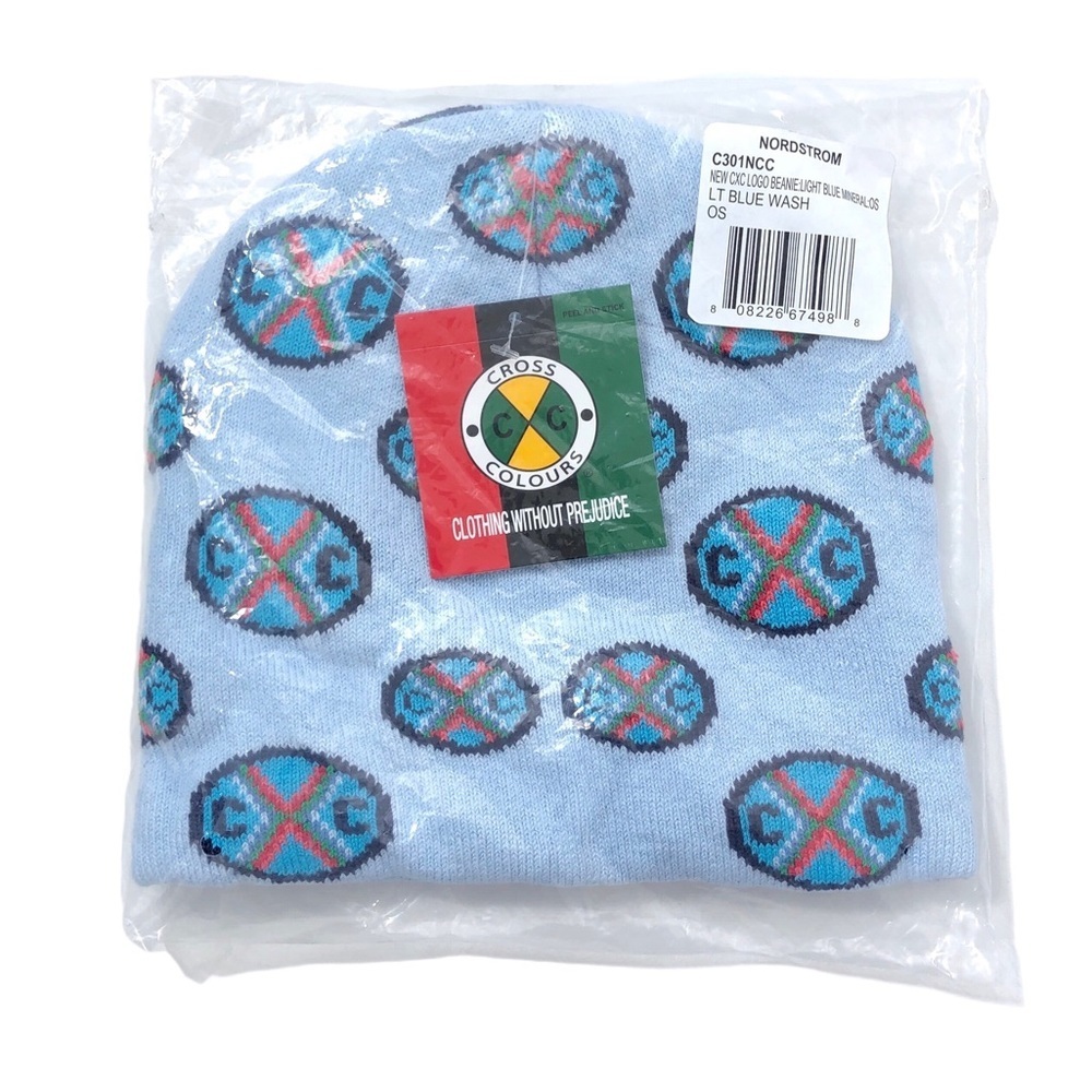 Cross Colours Light Blue Mineral Wash Logo Beanie Cap NWT